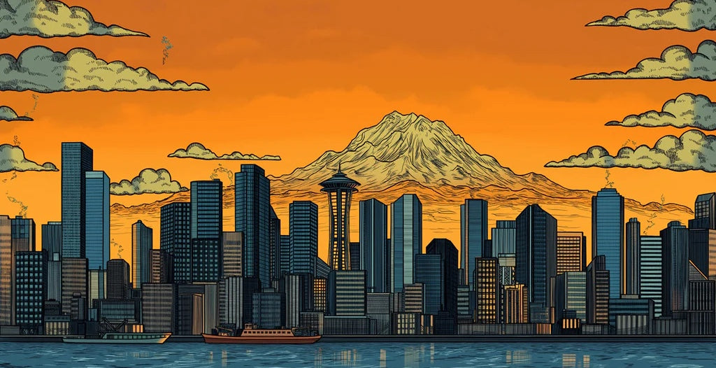 Vibrant Seattle Skyline &amp; Mount Rainier Mural | Sunset Orange and Urban Hues