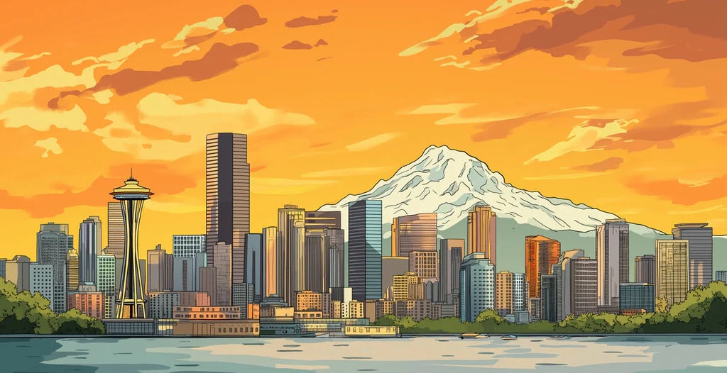 Vibrant Seattle Skyline &amp; Mount Rainier Mural | Sunset Orange and Urban Hues