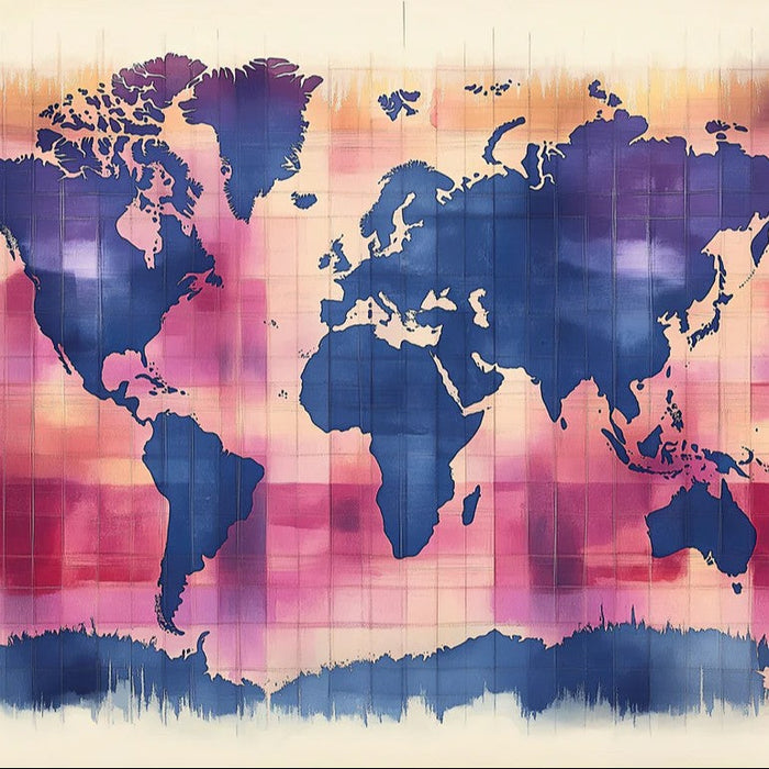 Indigo Watercolor World Map Mural Wallpaper | Expressionist Grid, Pink ...