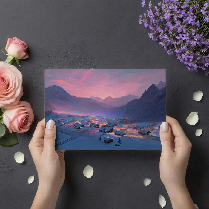 Alpine Christmas Village Mural Wallpaper | Pink Sunset Glow, Cozy Cabin Lights, Winter Mountain Landscape