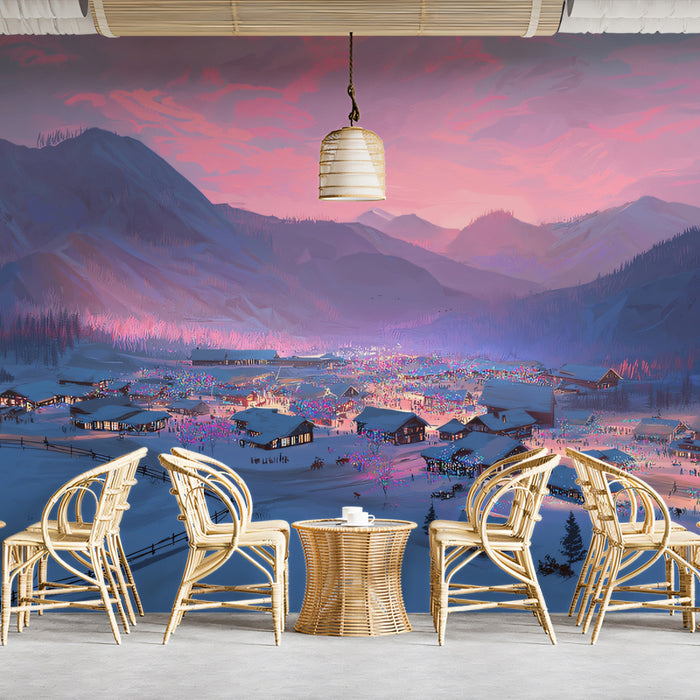 Alpine Christmas Village Mural Wallpaper | Pink Sunset Glow, Cozy Cabin Lights, Winter Mountain Landscape