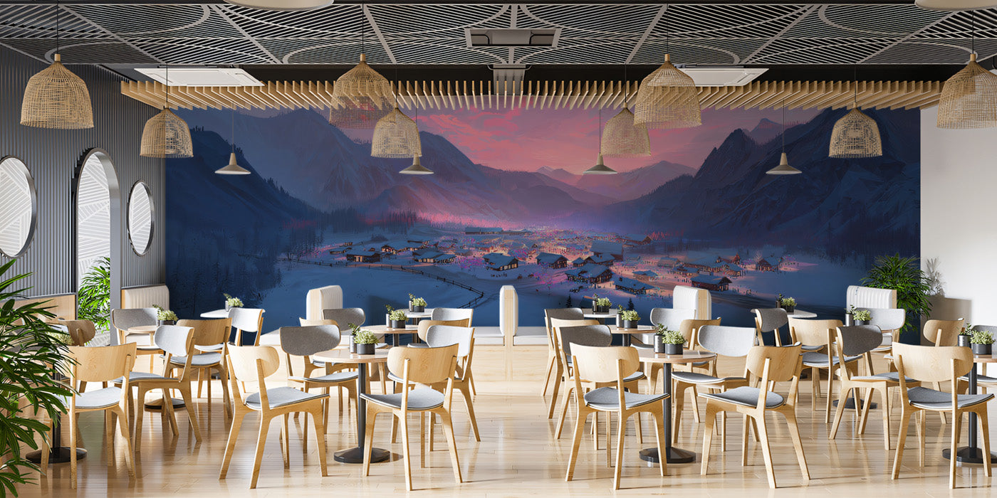 Alpine Christmas Village Mural Wallpaper | Pink Sunset Glow, Cozy Cabin Lights, Winter Mountain Landscape