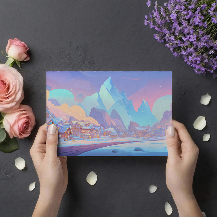 Cartoon Arctic Christmas Village Mural Wallpaper | Pastel Fantasy Sky, Whimsical Snowscape, Vibrant Winter Scene