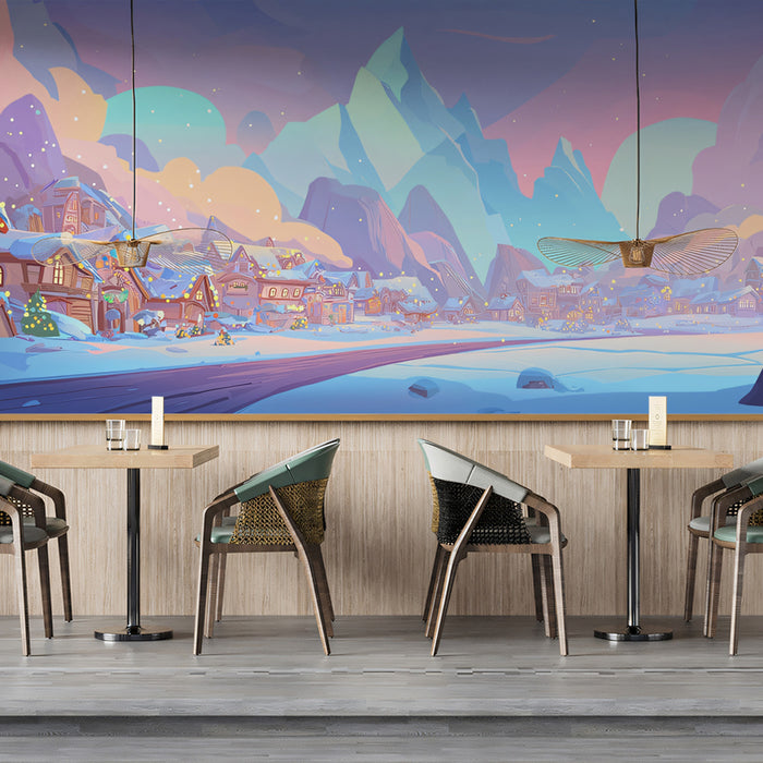 Cartoon Arctic Christmas Village Mural Wallpaper | Pastel Fantasy Sky, Whimsical Snowscape, Vibrant Winter Scene