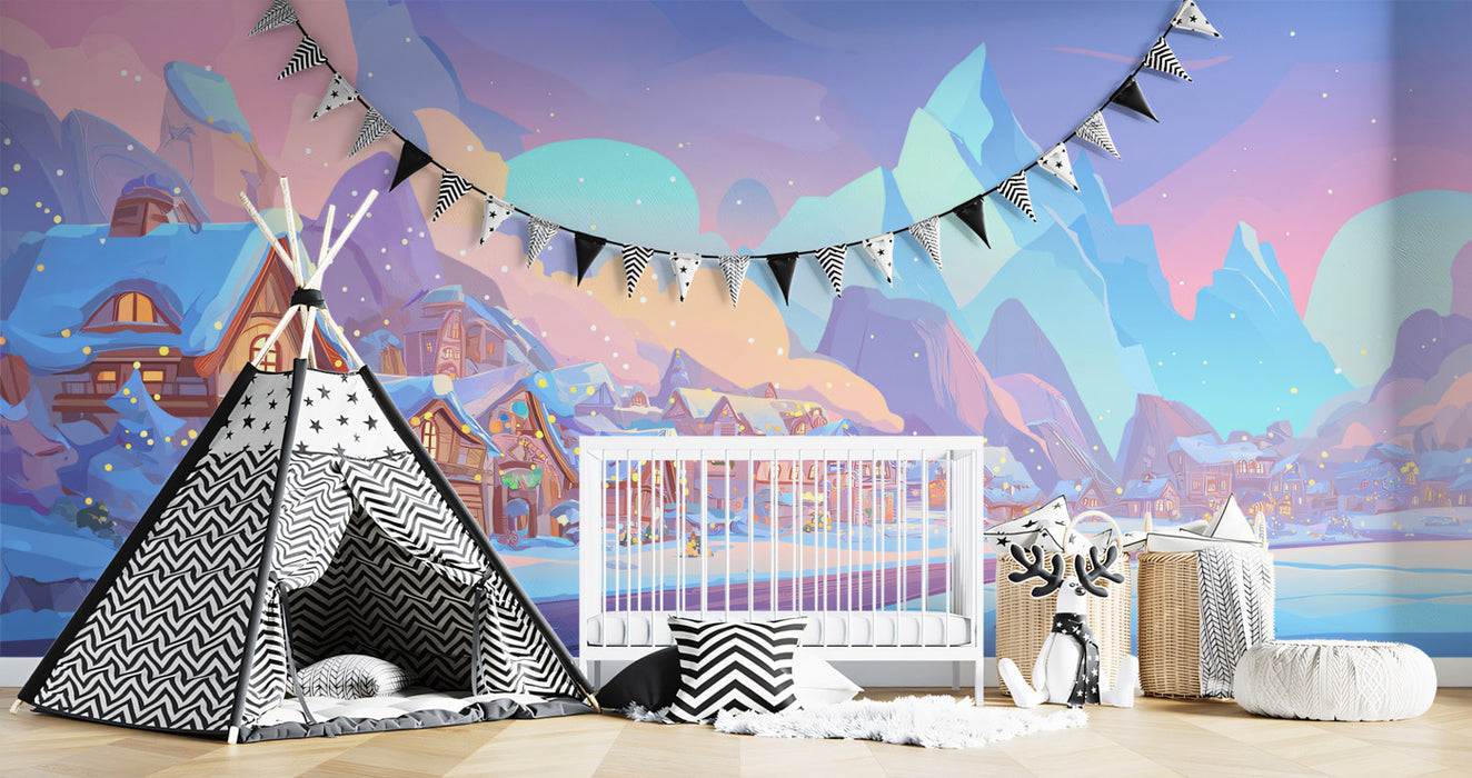 Cartoon Arctic Christmas Village Mural Wallpaper | Pastel Fantasy Sky, Whimsical Snowscape, Vibrant Winter Scene