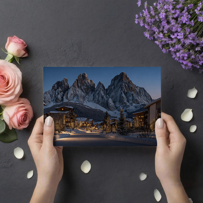Luxury Ski Resort Christmas Mural Wallpaper | Dolomite Peaks, Golden Lights, Hyper-Realistic Winter Scene
