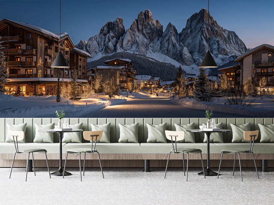 Luxury Ski Resort Christmas Mural Wallpaper | Dolomite Peaks, Golden Lights, Hyper-Realistic Winter Scene