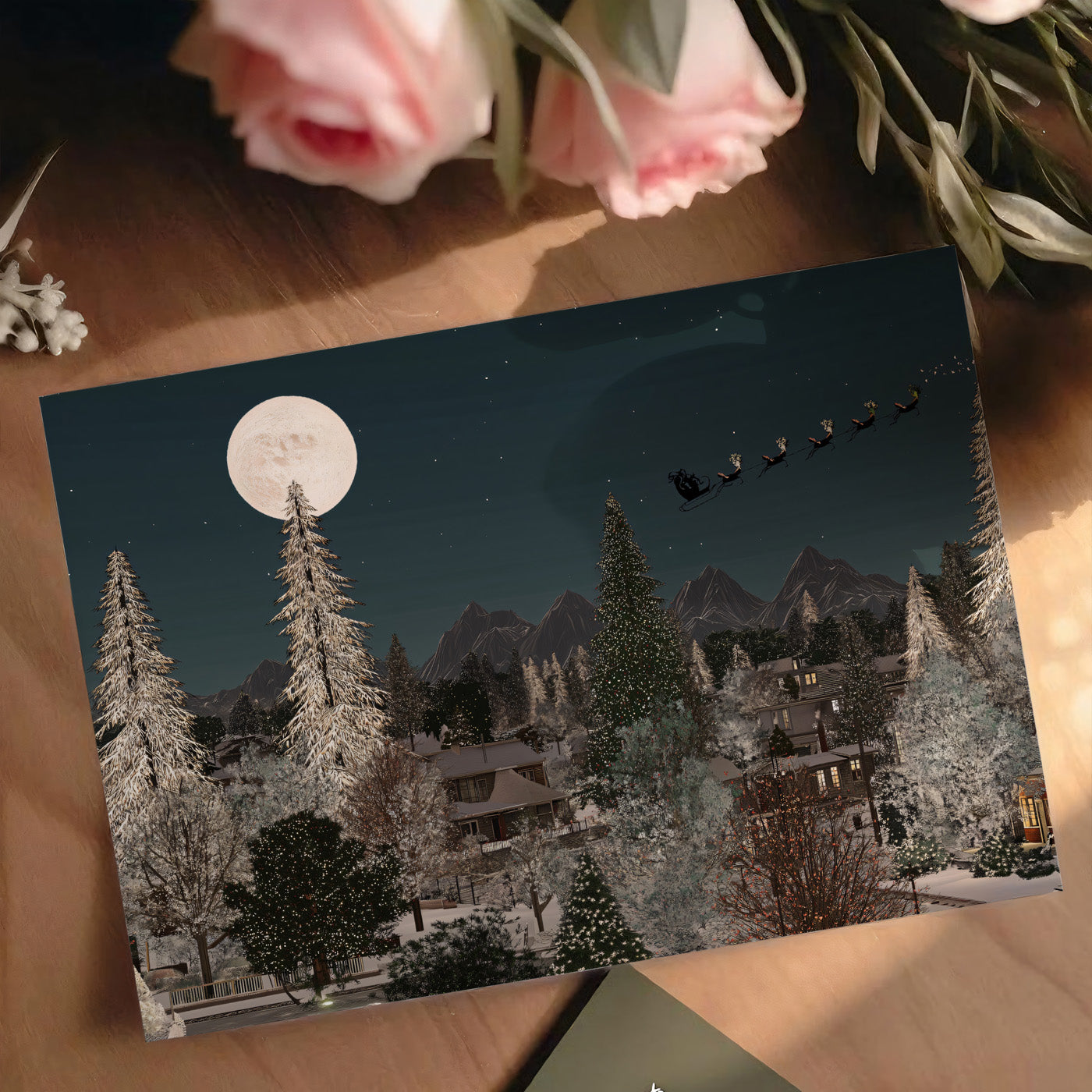 Santa Sleigh Night Flight Mural Wallpaper | Full Moon, Winter Forest, Classic Christmas Narrative Art