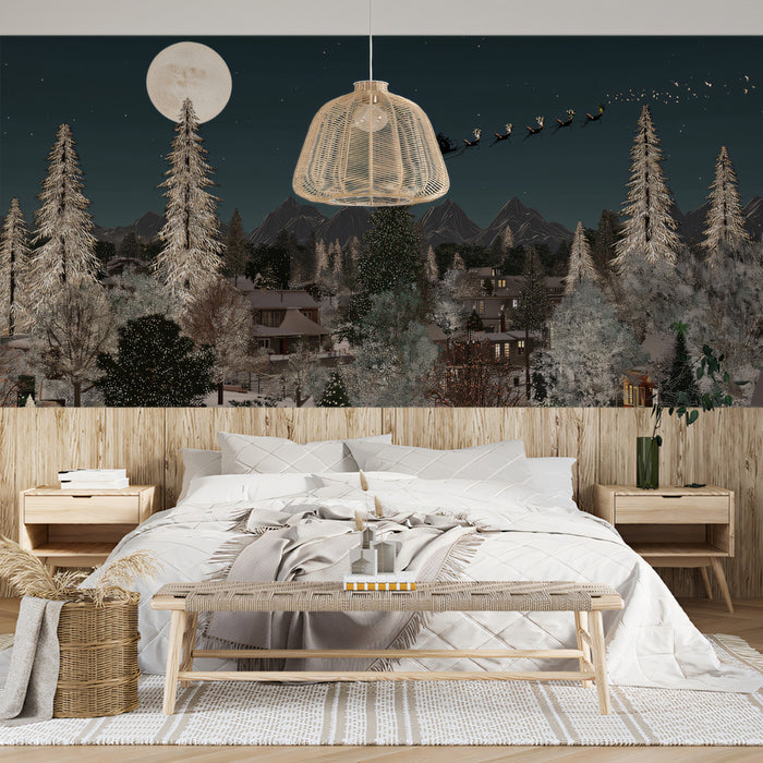 Santa Sleigh Night Flight Mural Wallpaper | Full Moon, Winter Forest, Classic Christmas Narrative Art