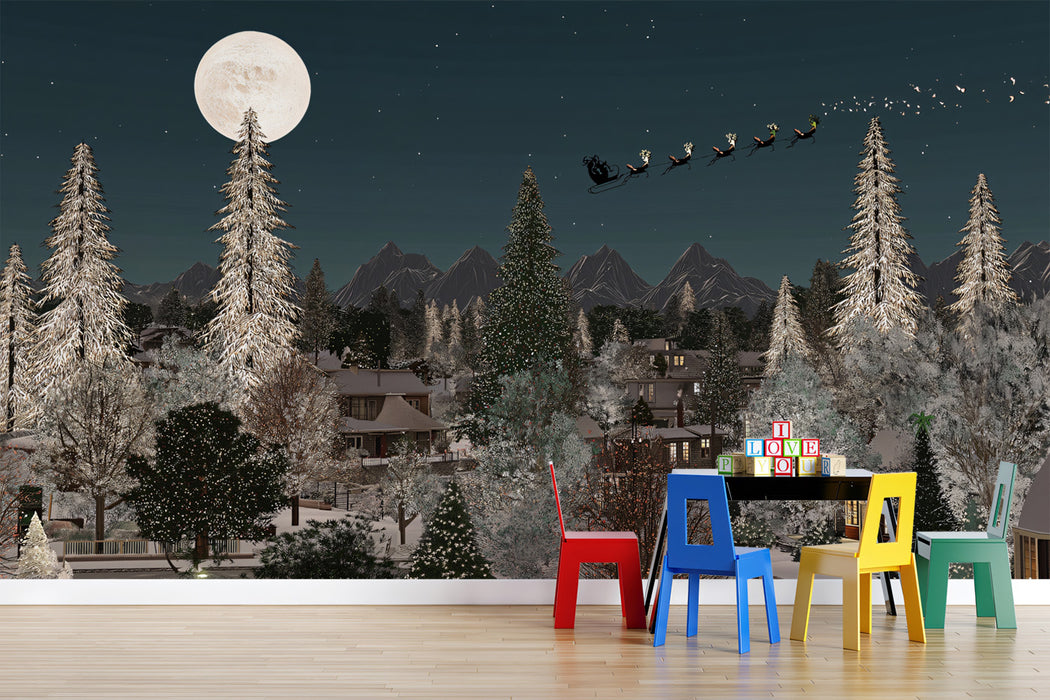 Santa Sleigh Night Flight Mural Wallpaper | Full Moon, Winter Forest, Classic Christmas Narrative Art