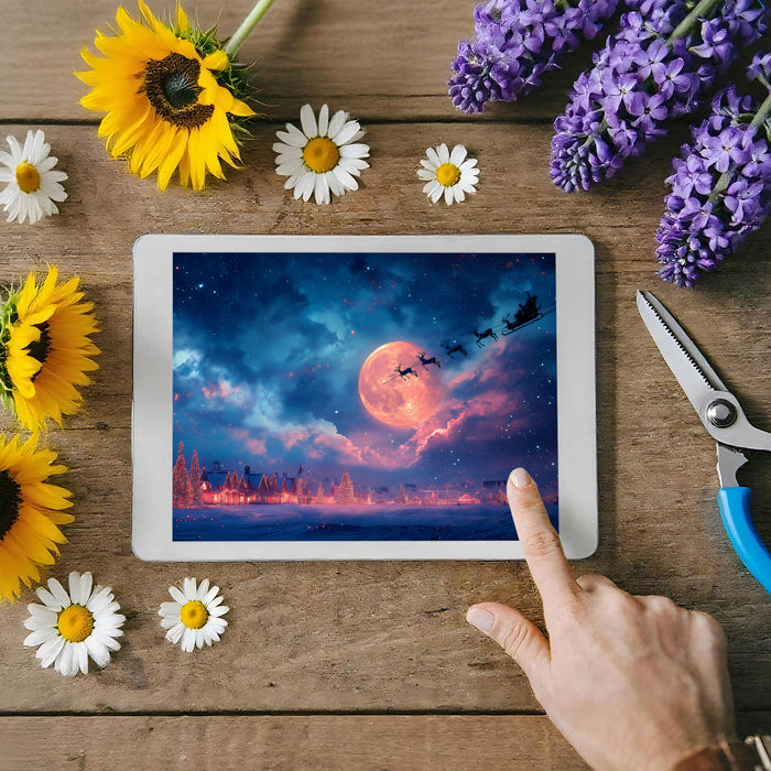 Celestial Christmas Night Mural Wallpaper | Neon Clouds, Supermoon Glow, Santa Flight Fantasy