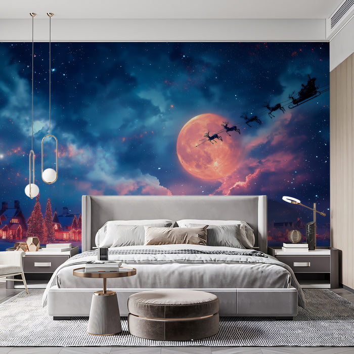 Celestial Christmas Night Mural Wallpaper | Neon Clouds, Supermoon Glow, Santa Flight Fantasy