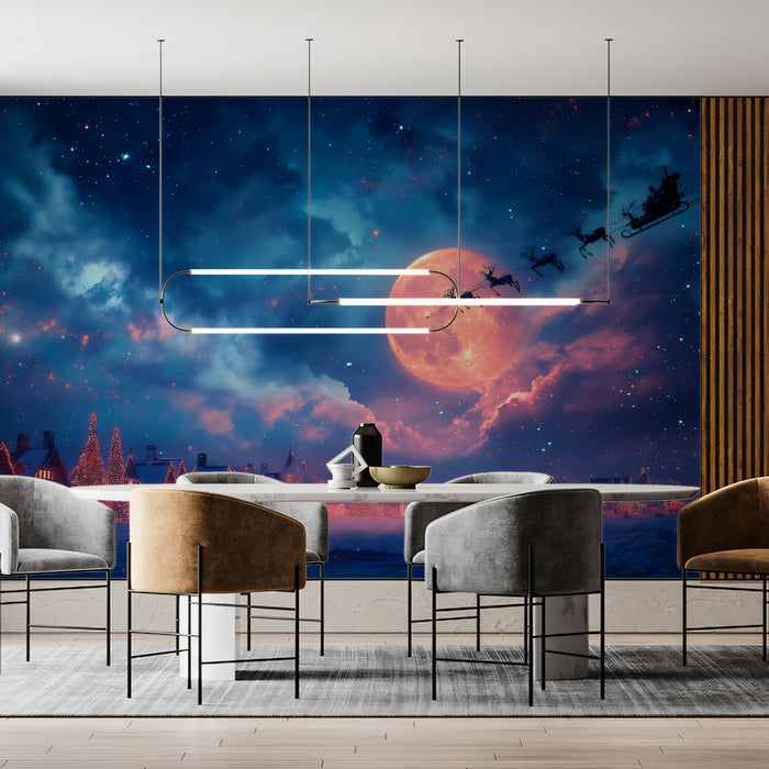 Celestial Christmas Night Mural Wallpaper | Neon Clouds, Supermoon Glow, Santa Flight Fantasy