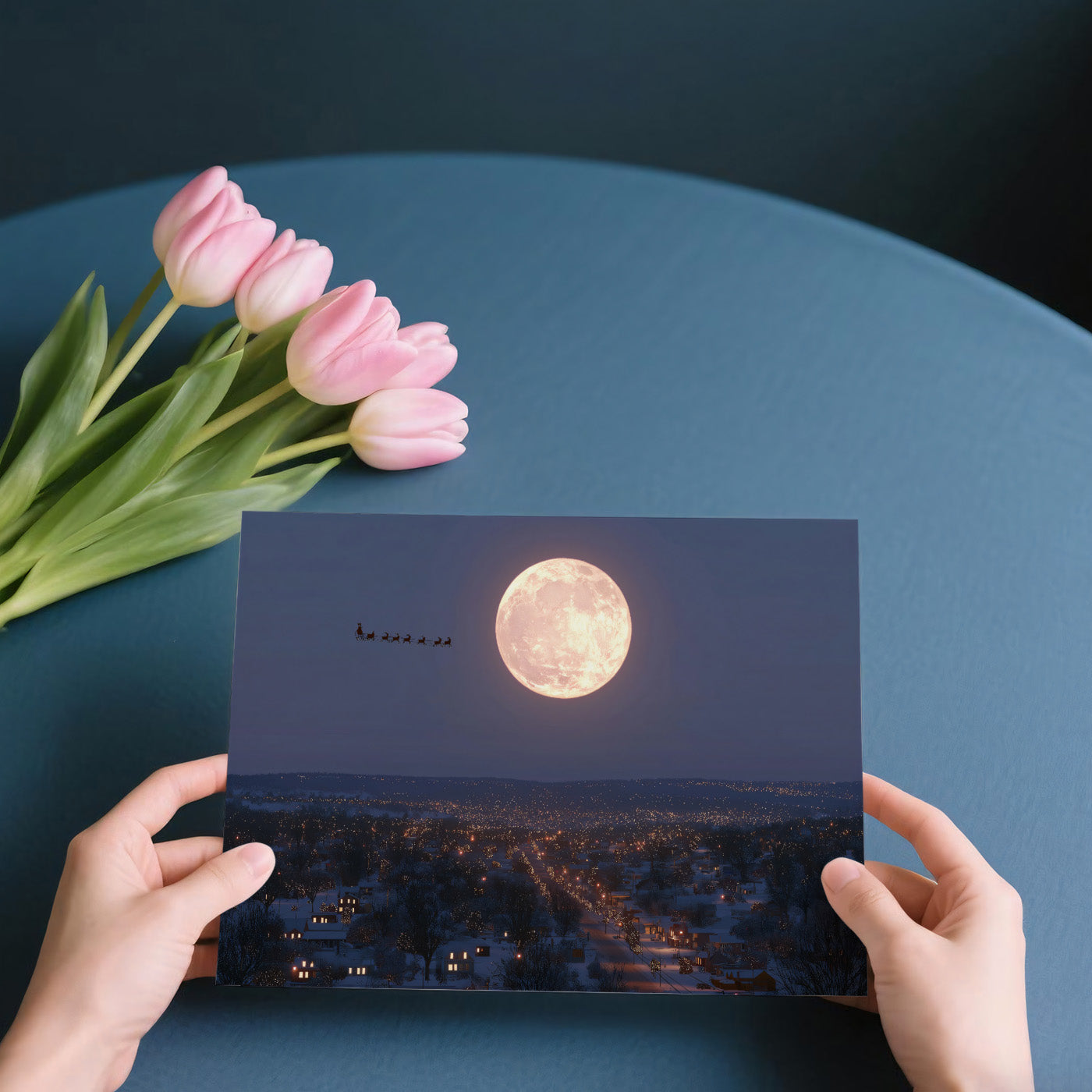 Cinematic Santa Flight Mural Wallpaper | Minimalist Night Sky, Giant Moon, Cozy Town Lights