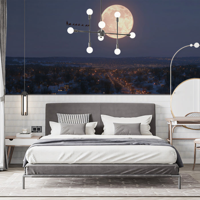 Cinematic Santa Flight Mural Wallpaper | Minimalist Night Sky, Giant Moon, Cozy Town Lights
