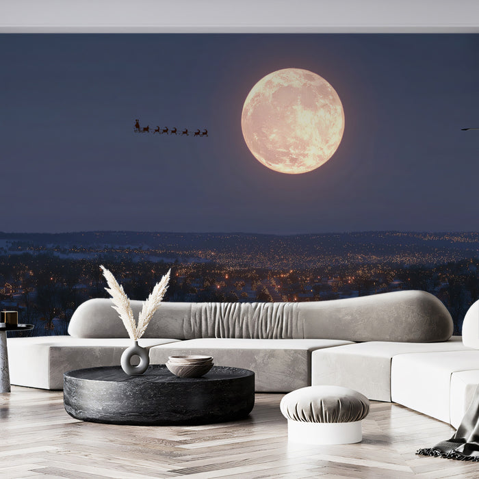 Cinematic Santa Flight Mural Wallpaper | Minimalist Night Sky, Giant Moon, Cozy Town Lights