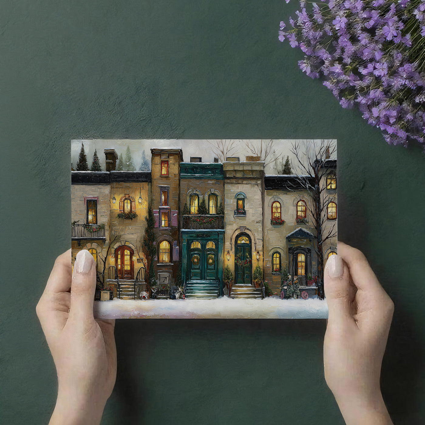 Traditional Townhouse Christmas Mural Wallpaper | Oil Painting, Warm Window Glow, Cozy European Street