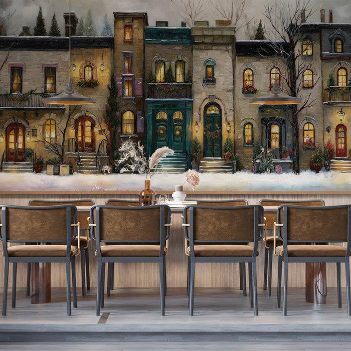 Traditional Townhouse Christmas Mural Wallpaper | Oil Painting, Warm Window Glow, Cozy European Street