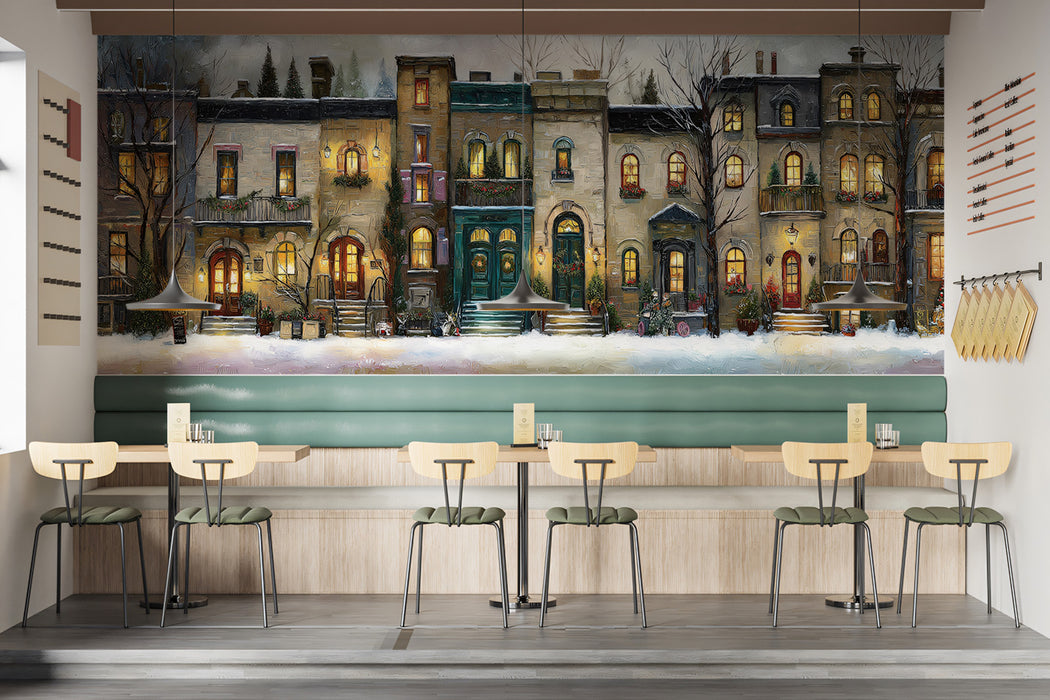 Traditional Townhouse Christmas Mural Wallpaper | Oil Painting, Warm Window Glow, Cozy European Street