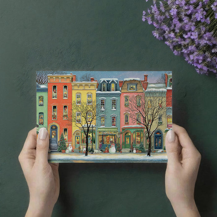 Colorful Christmas Street Mural Wallpaper | Vibrant Row Houses, Folk Art Style, Cheerful Snowscape
