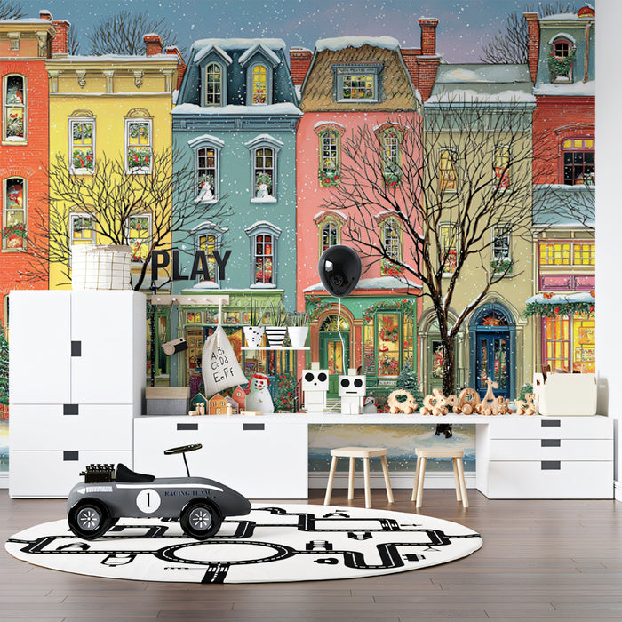 Colorful Christmas Street Mural Wallpaper | Vibrant Row Houses, Folk Art Style, Cheerful Snowscape
