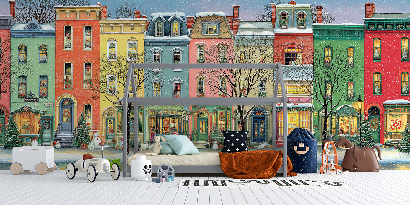 Colorful Christmas Street Mural Wallpaper | Vibrant Row Houses, Folk Art Style, Cheerful Snowscape