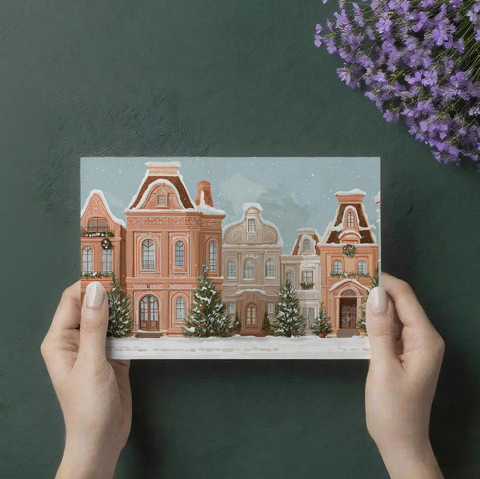 Pastel Christmas Street Mural Wallpaper | Watercolor Style, Santa and Reindeer, Cozy Holiday Scene