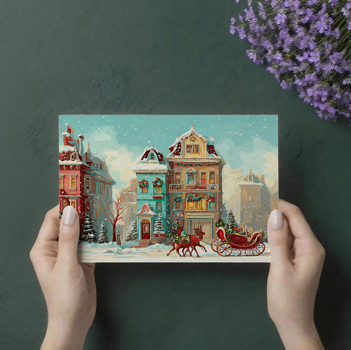 Victorian Town Watercolor Christmas Mural Wallpaper | Bright Colors, Sleigh Scene, Festive Snowscape