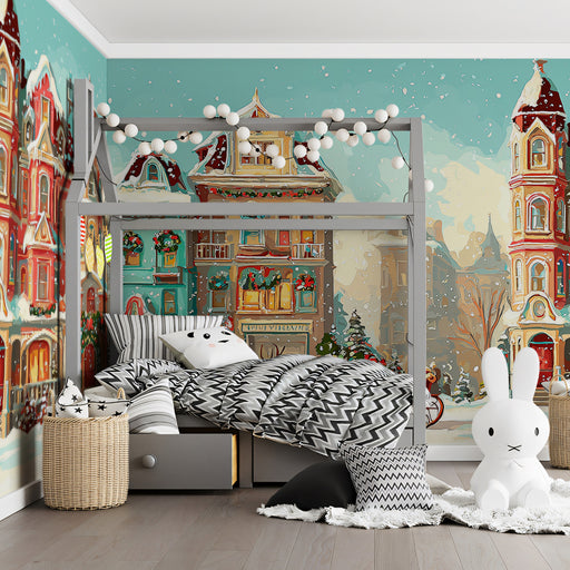Children's bedroom with a bed, toys, and a colorful mural of a snowy village.