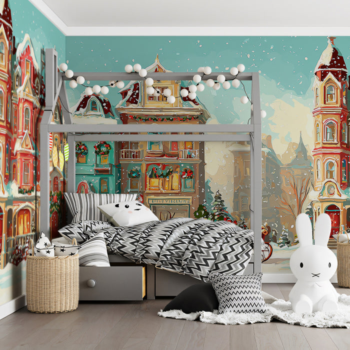 Children's bedroom with a bed, toys, and a colorful mural of a snowy village.