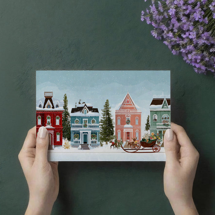 Classic Christmas Street Illustration Mural Wallpaper | Cozy Holiday Scene, Sleigh Ride, Detailed Townhouses