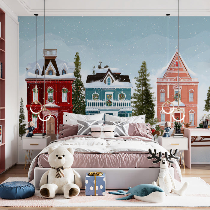 Classic Christmas Street Illustration Mural Wallpaper | Cozy Holiday Scene, Sleigh Ride, Detailed Townhouses