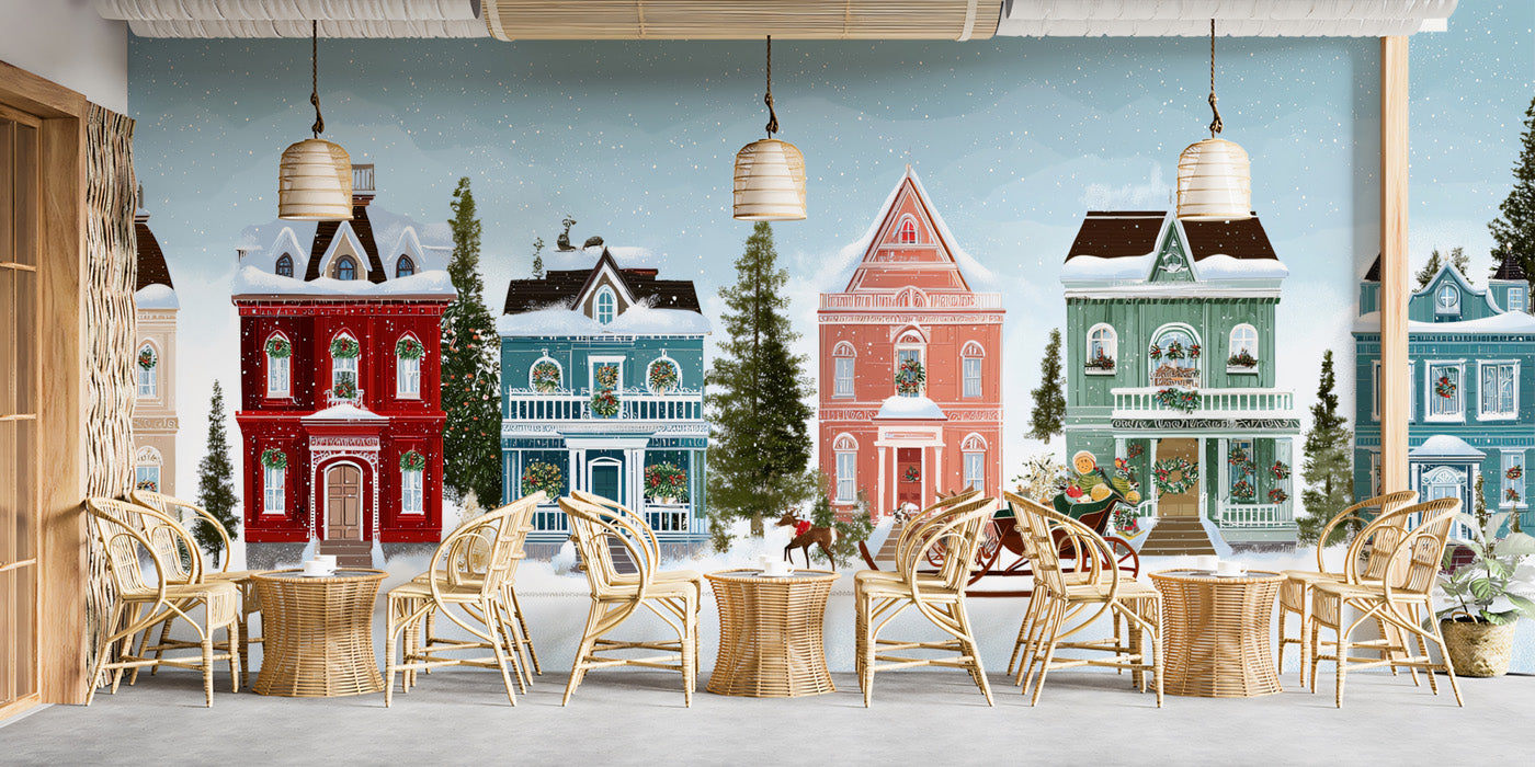 Classic Christmas Street Illustration Mural Wallpaper | Cozy Holiday Scene, Sleigh Ride, Detailed Townhouses