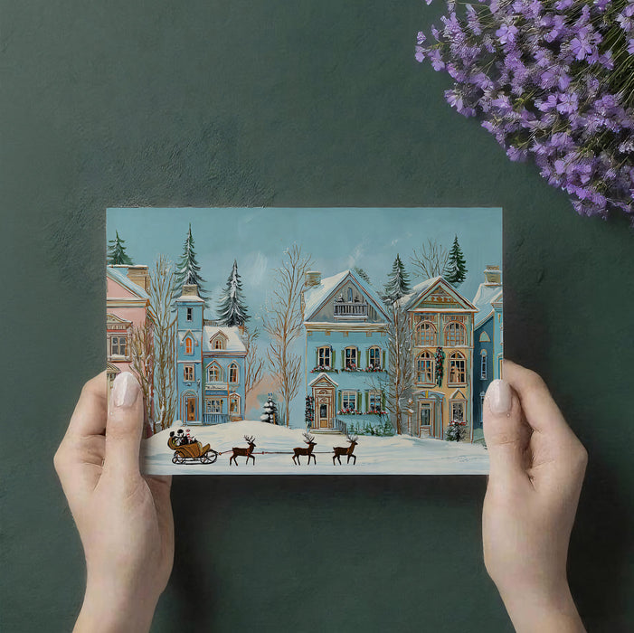 Pastel Christmas Town Panorama Mural Wallpaper | Watercolor Houses, Sleigh Ride, Light Blue Sky