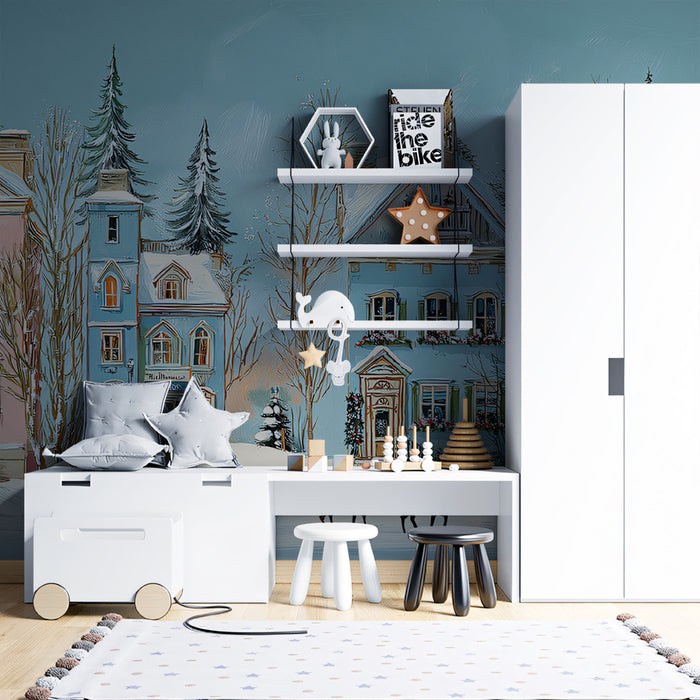 Children's room with a desk, shelves, and decorative items against a blue wall with a village mural.