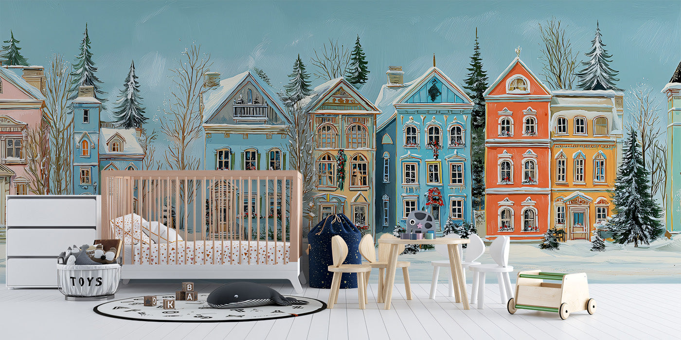 Pastel Christmas Town Panorama Mural Wallpaper | Watercolor Houses, Sleigh Ride, Light Blue Sky
