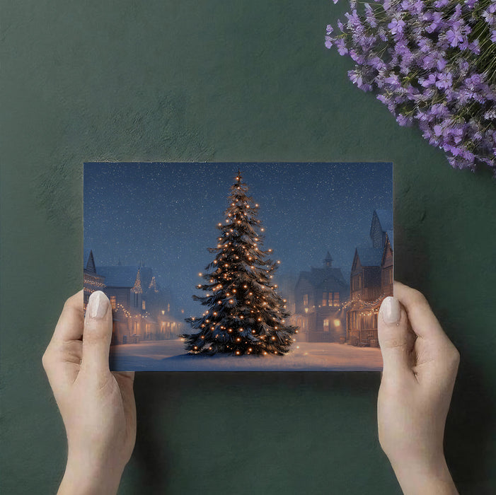 Snowy Western Town Christmas Mural Wallpaper | Cinematic Night Scene, Glowing Tree, Rustic Holiday Lights