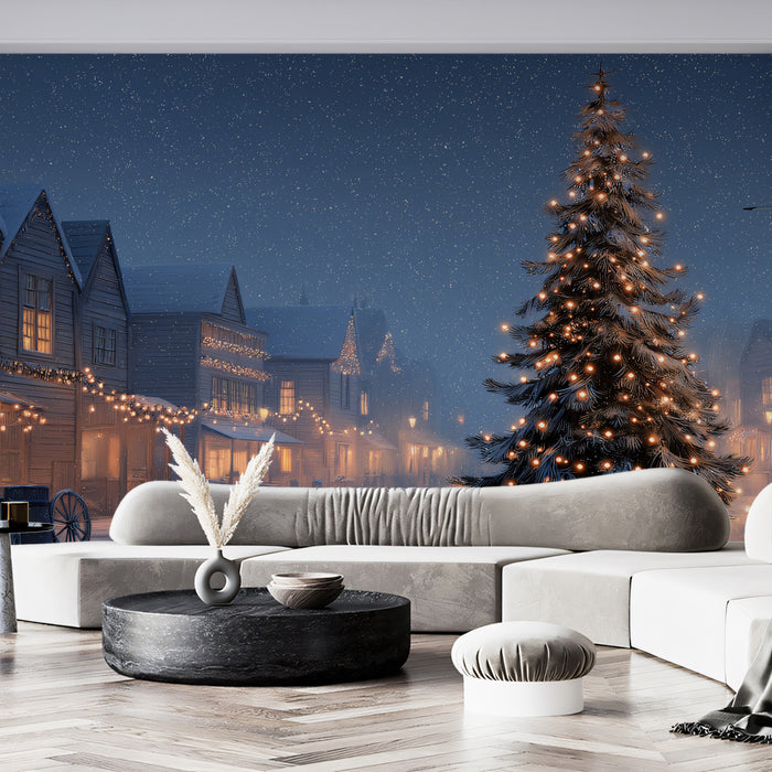 Snowy Western Town Christmas Mural Wallpaper | Cinematic Night Scene, Glowing Tree, Rustic Holiday Lights
