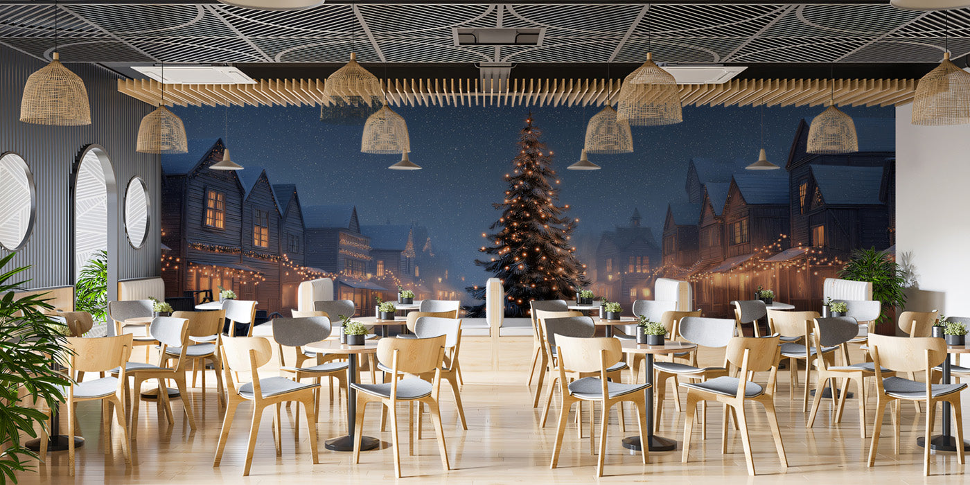 Snowy Western Town Christmas Mural Wallpaper | Cinematic Night Scene, Glowing Tree, Rustic Holiday Lights
