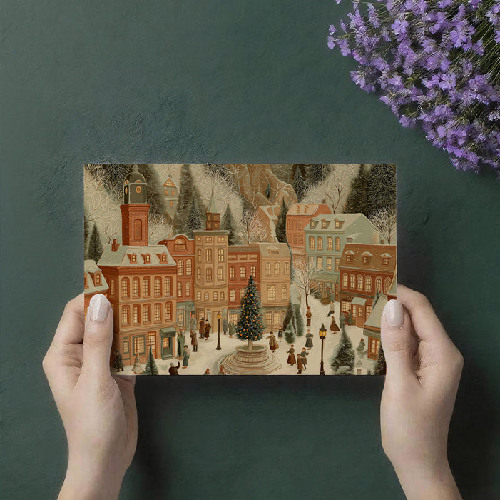 Victorian Town Square Christmas Mural Wallpaper | Storybook Illustration, Soft Snowfall, Nostalgic Crowd Scene