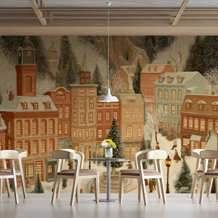 Victorian Town Square Christmas Mural Wallpaper | Storybook Illustration, Soft Snowfall, Nostalgic Crowd Scene
