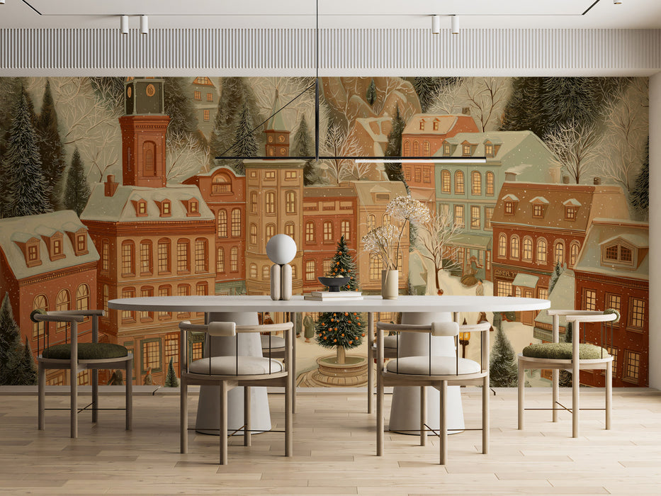 Victorian Town Square Christmas Mural Wallpaper | Storybook Illustration, Soft Snowfall, Nostalgic Crowd Scene