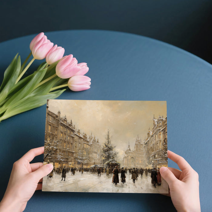 Impressionist Snowy Cityscape Mural Wallpaper | Vintage Oil Painting, Busy Market Scene, Warm Sepia Tones