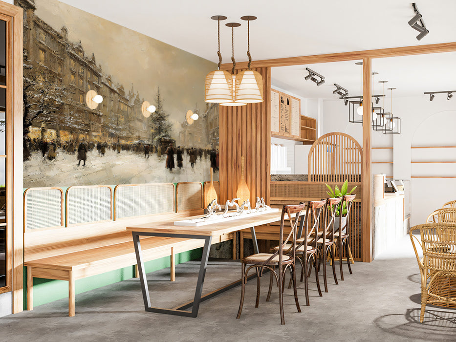 Impressionist Snowy Cityscape Mural Wallpaper | Vintage Oil Painting, Busy Market Scene, Warm Sepia Tones