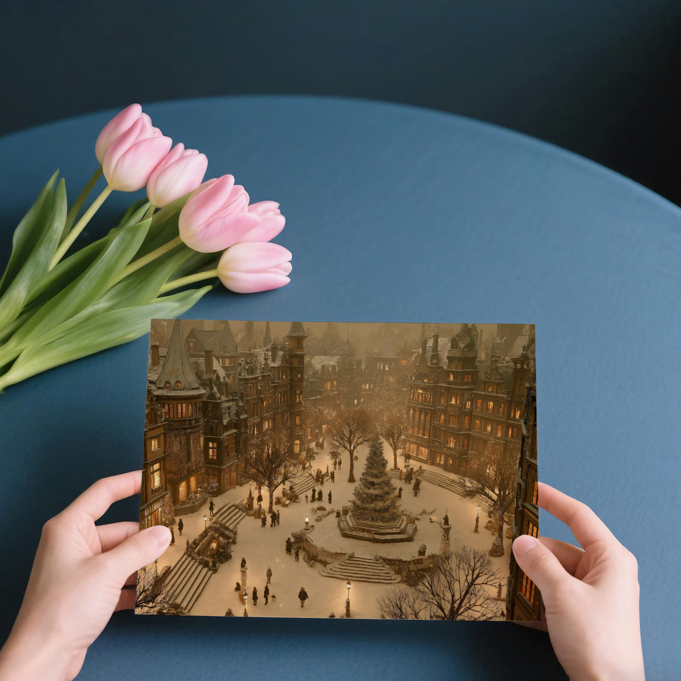 Victorian Christmas Night Scene Mural Wallpaper | Cinematic Lighting, Golden Glow, Dickensian Urban Square