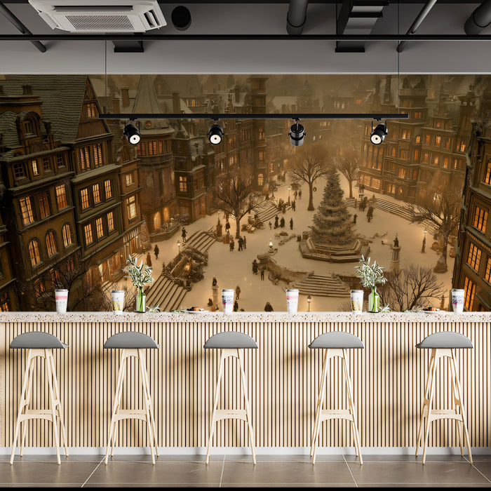Victorian Christmas Night Scene Mural Wallpaper | Cinematic Lighting, Golden Glow, Dickensian Urban Square