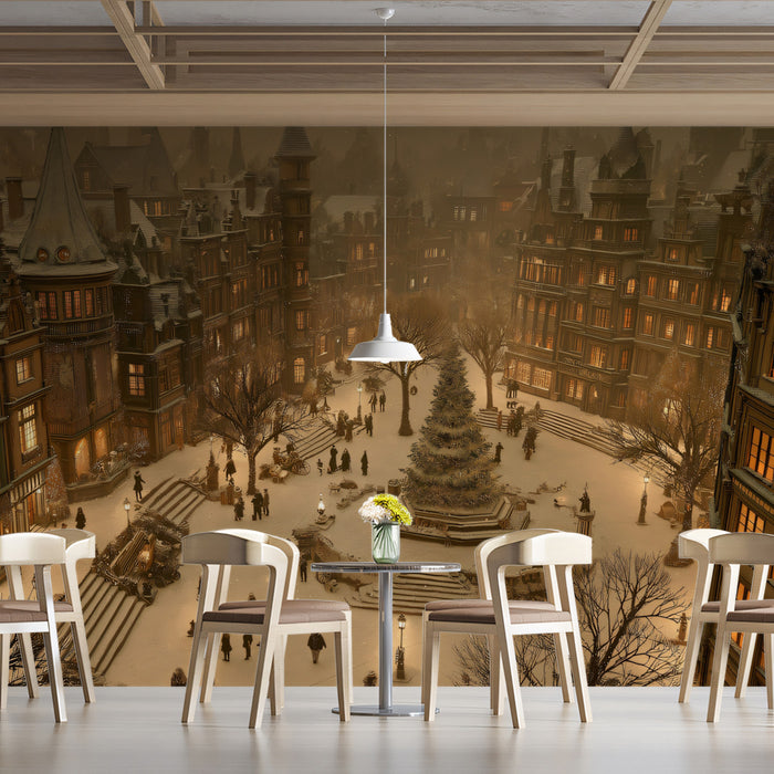 Victorian Christmas Night Scene Mural Wallpaper | Cinematic Lighting, Golden Glow, Dickensian Urban Square