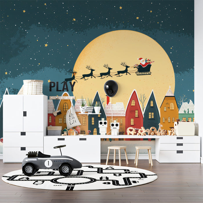 Folk Art Christmas Village Night Mural Wallpaper | Santa Sleigh, Geometric Houses, Bright Moon Silhouette