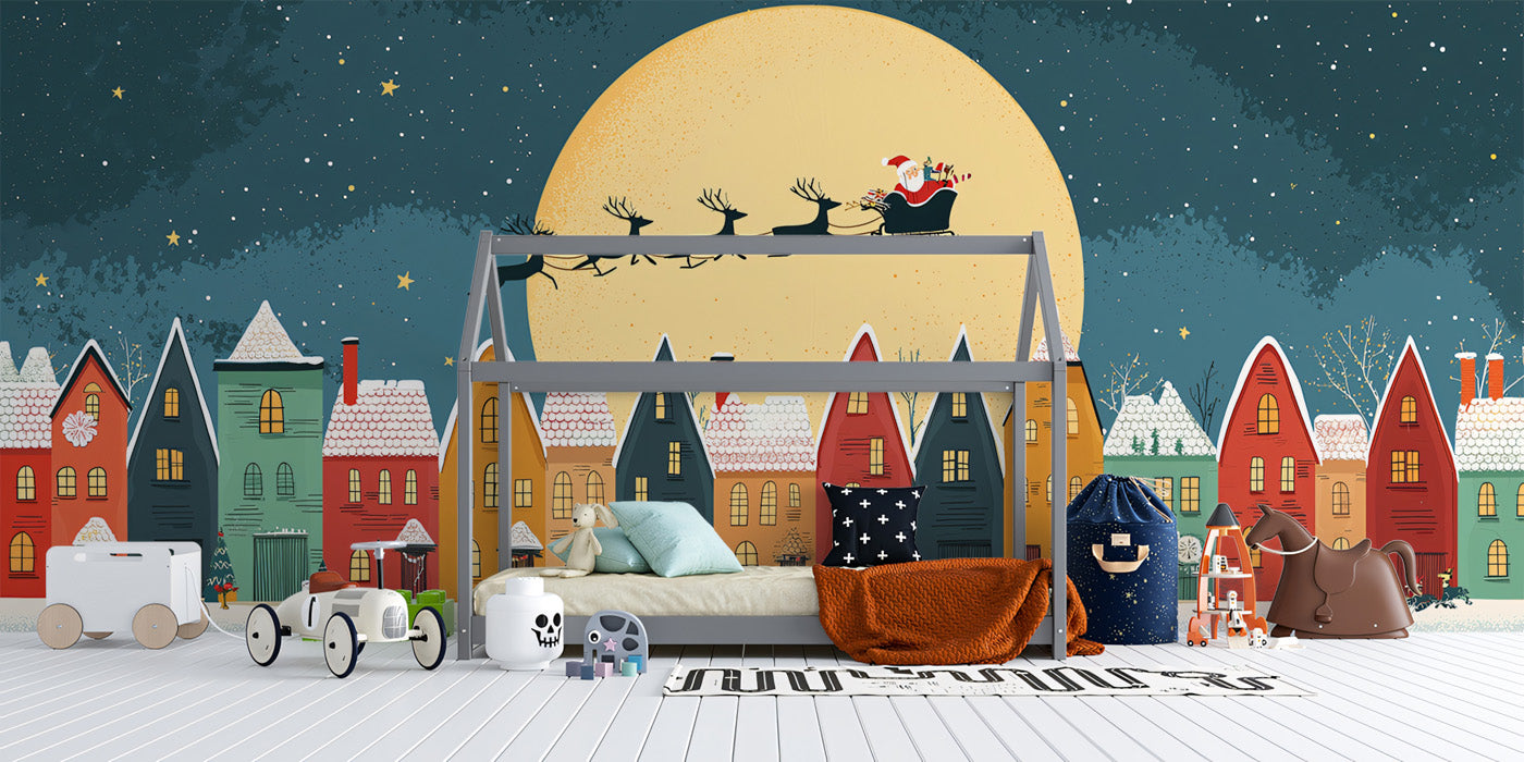 Folk Art Christmas Village Night Mural Wallpaper | Santa Sleigh, Geometric Houses, Bright Moon Silhouette