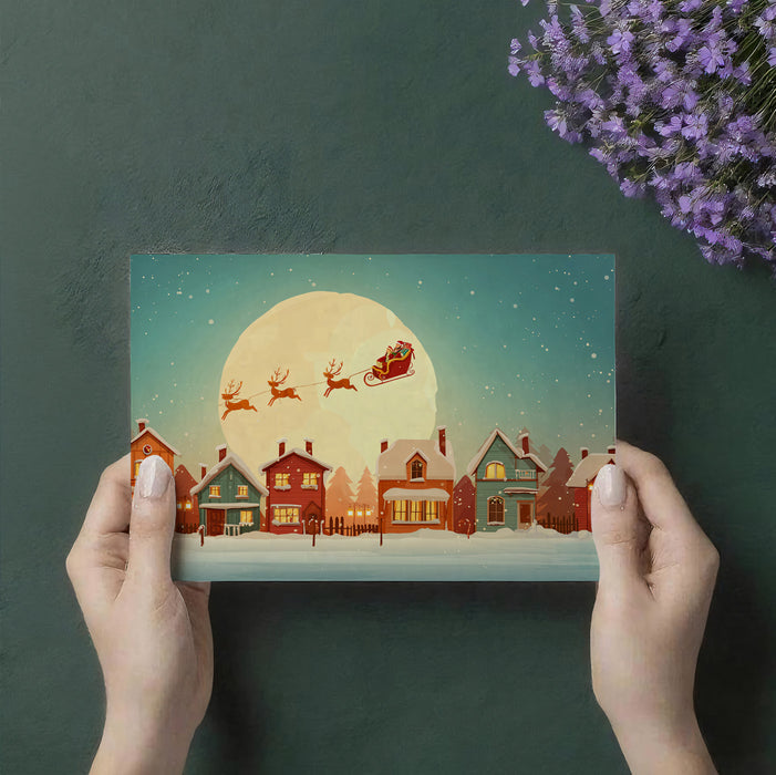 Cartoon Christmas Village Night Mural Wallpaper | Santa Flight, Warm Lights, Cheerful Winter Illustration